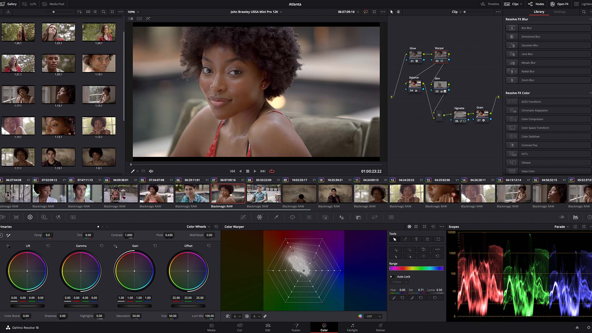 The Color page within DaVinci Resolve 18. Image: Blackmagic Design.